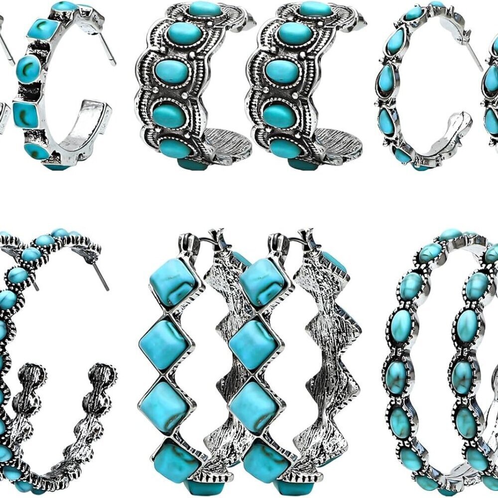 Turquoise Hoop Earrings Hypoallergenic Ethnic Bohemian 6 Pairs For Women